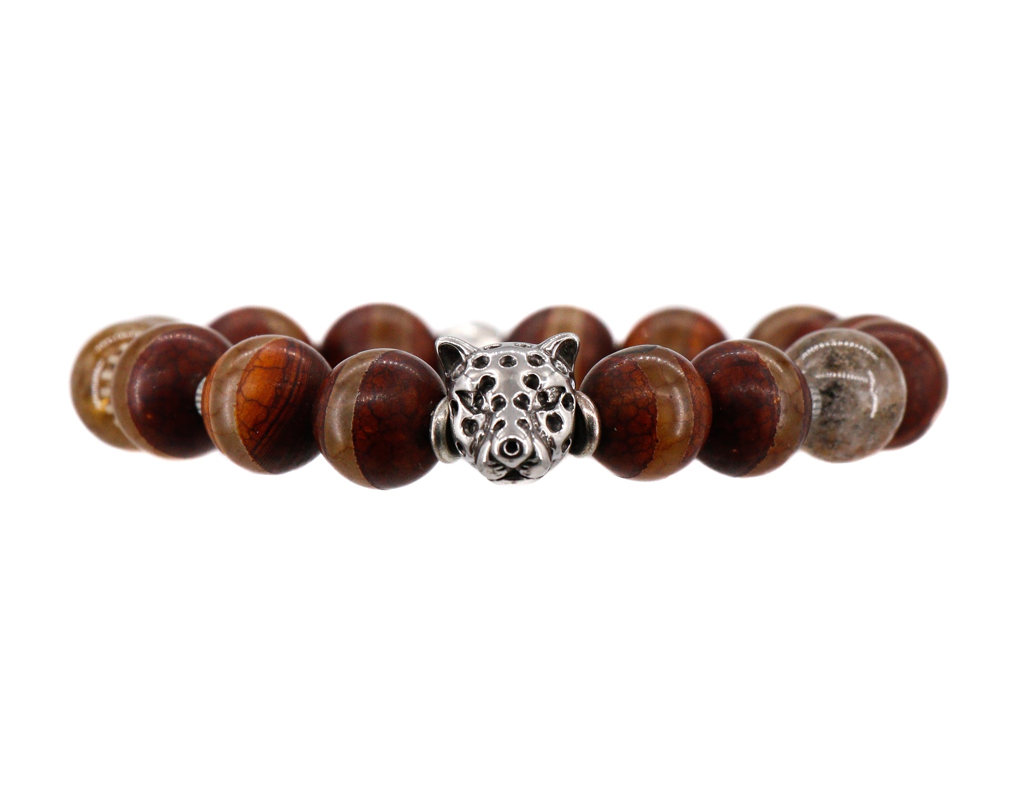 Silver leopard bead with dzi bead bracelet