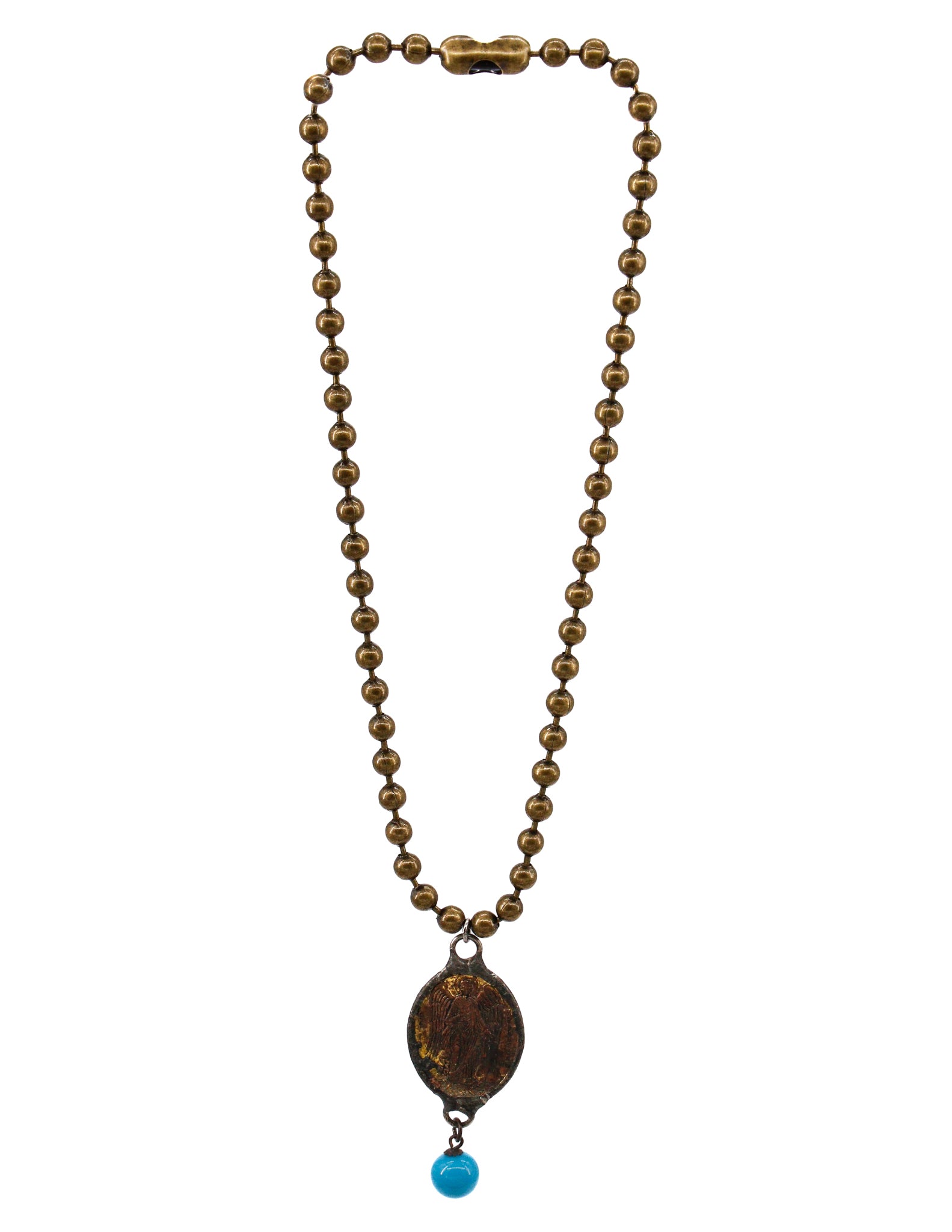 Brass ball chain necklace with a religious medallion and turquoise