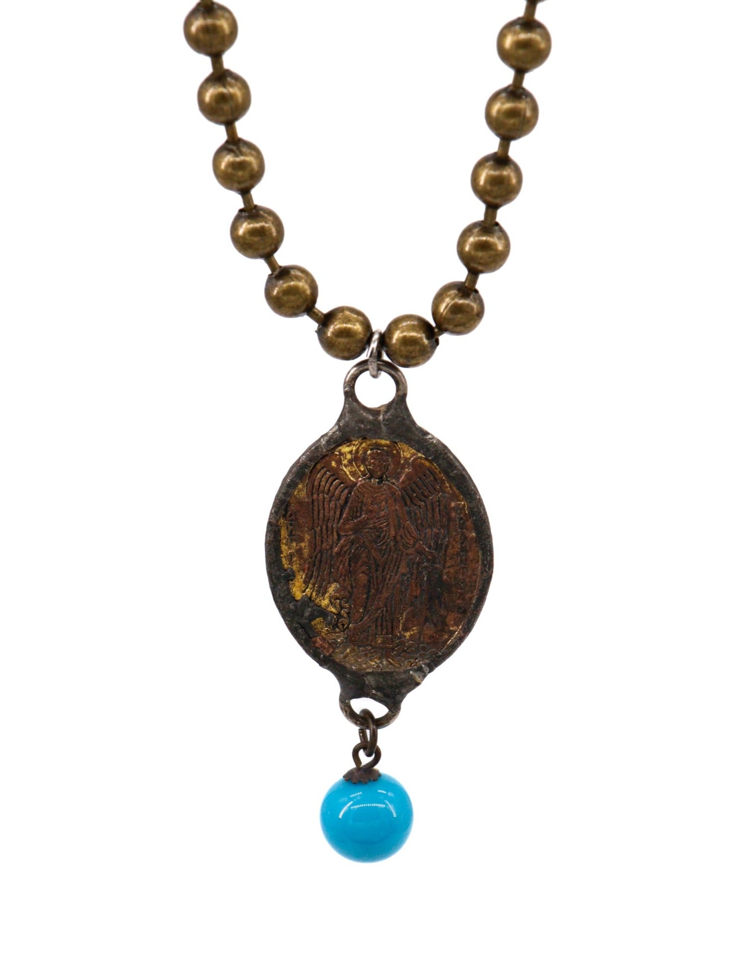 Brass ball chain necklace with a religious medallion and turquoise