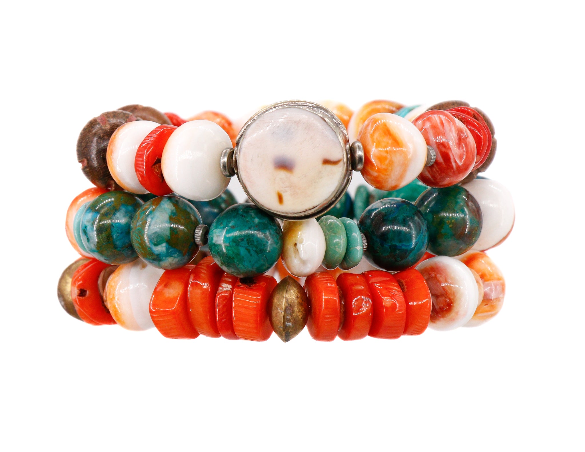 Coral, spiny oyster and brass bracelet
