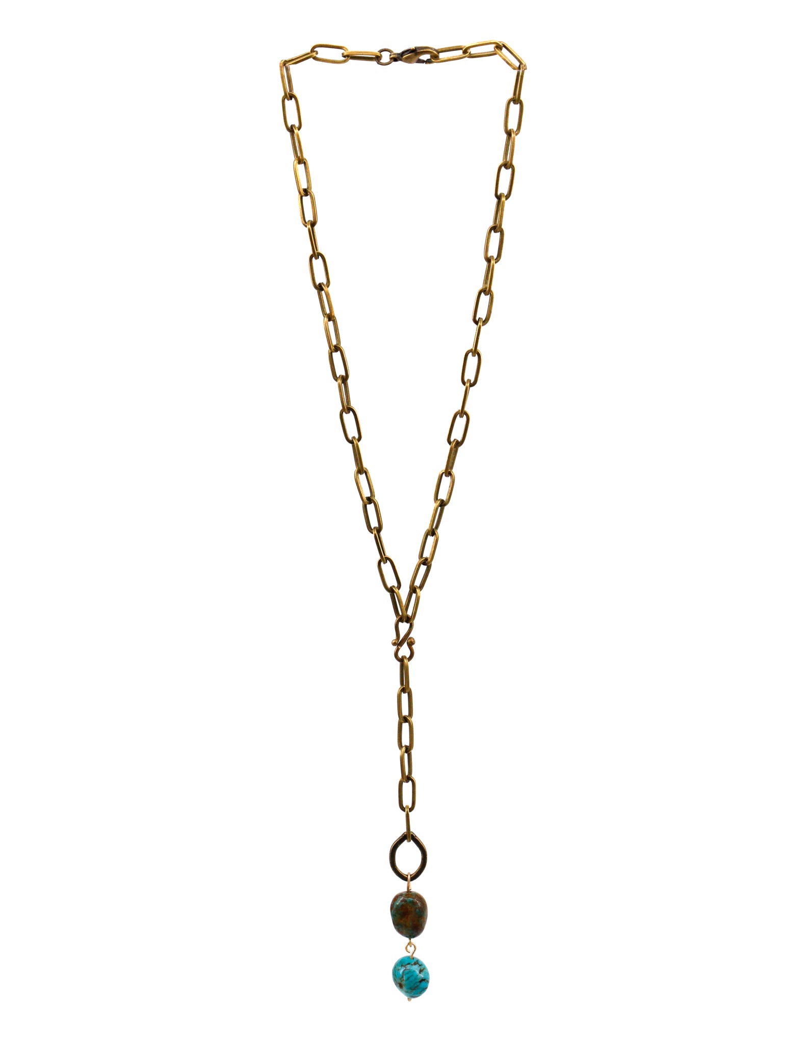 Brass necklace with two turquoise drops