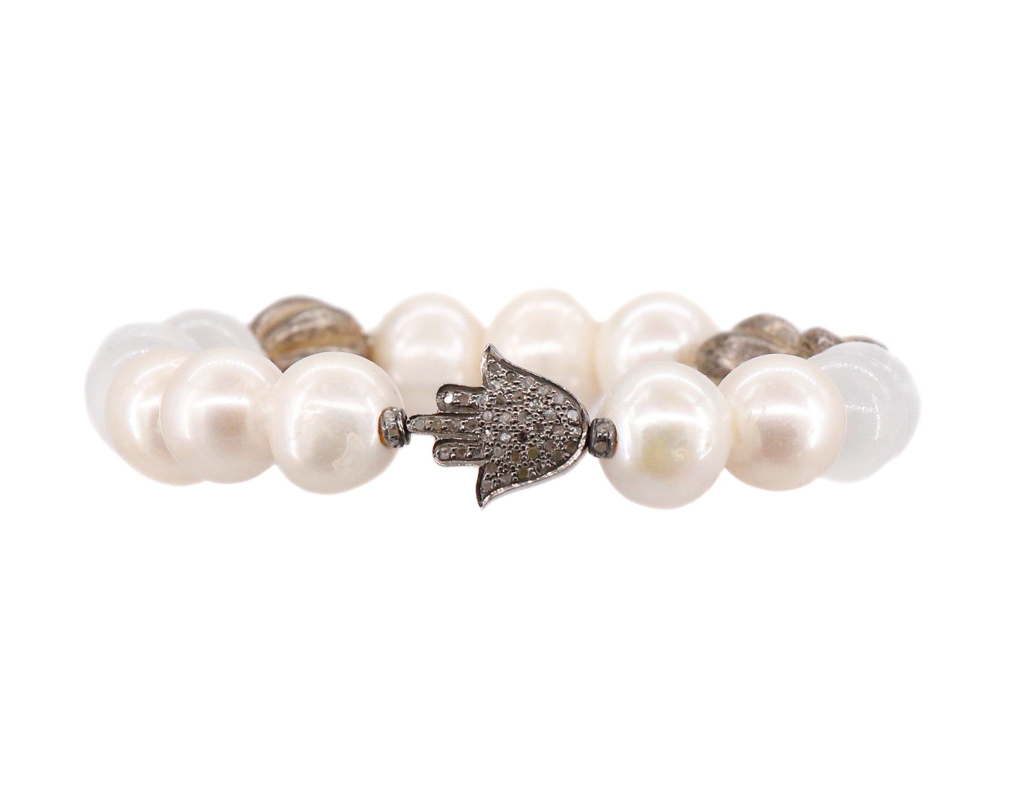 Freshwater pearl and pave diamond hamsa bracelet