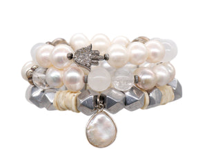 Freshwater pearl and pave diamond hamsa bracelet