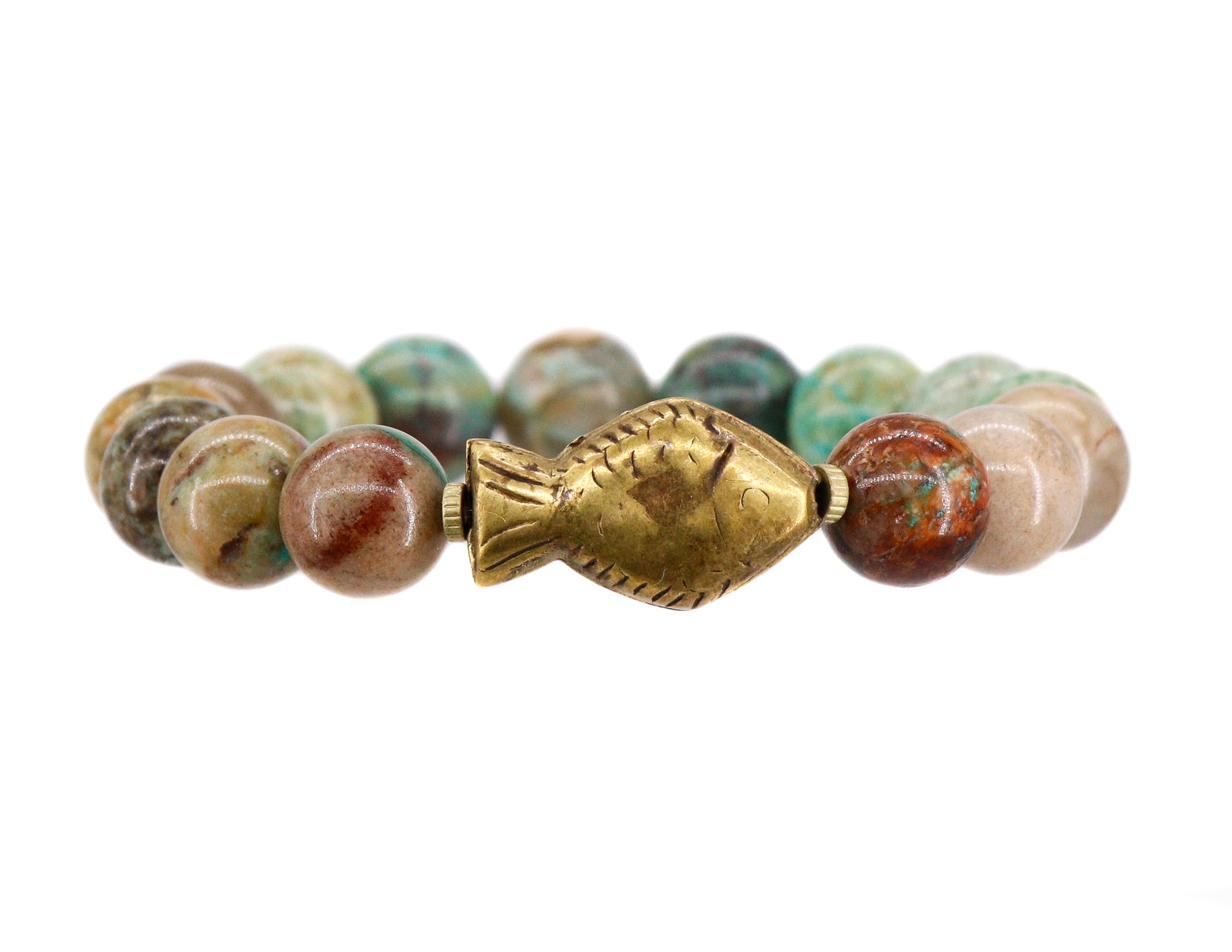 Chrysocolla bracelet with a brass fish