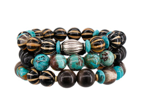 Turkish buffalo horn bracelets with dzi beads and Sleeping Beauty turquoise