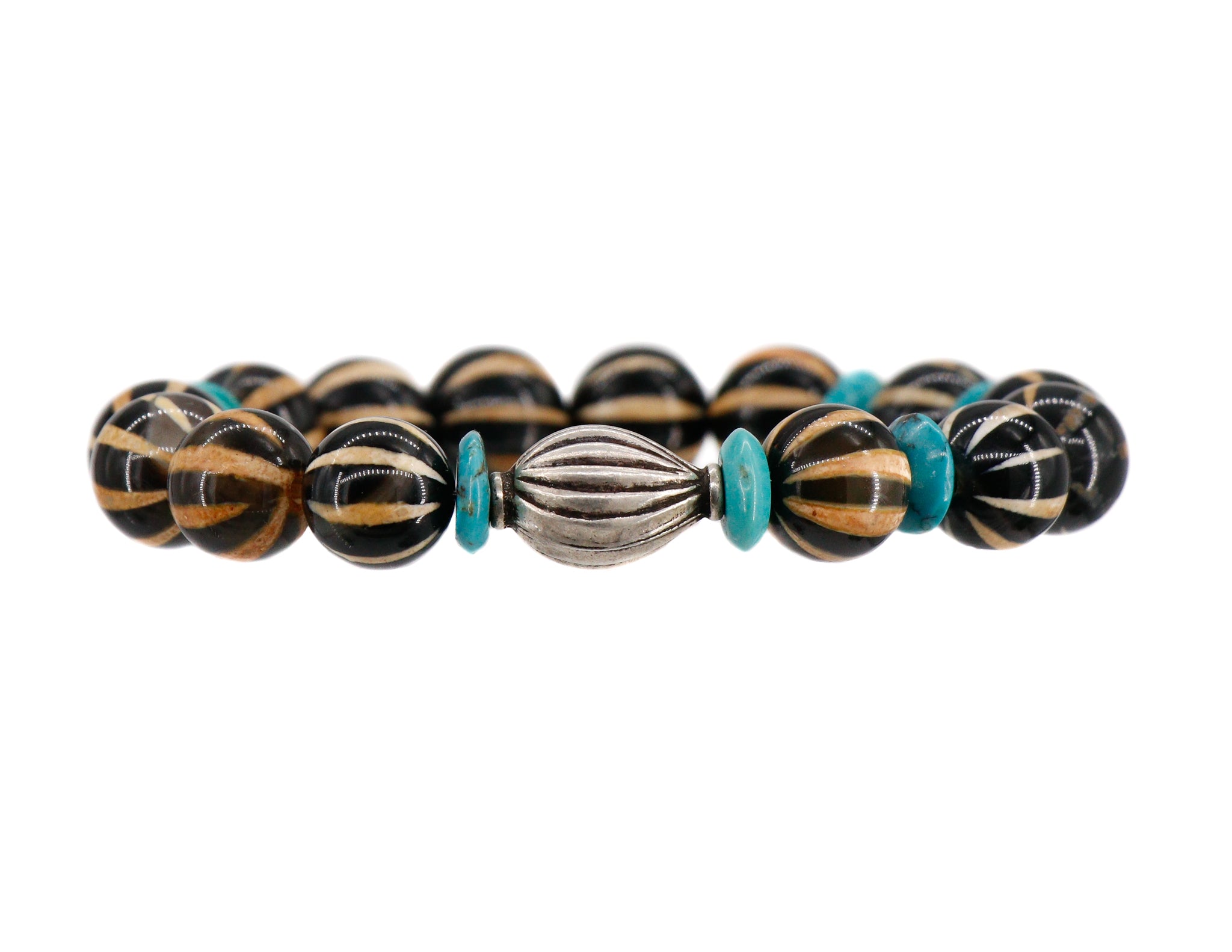 Striped dzi bead bracelet with Sleeping beauty turquoise