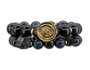 Blue tigereye bracelet with a gold anchor button