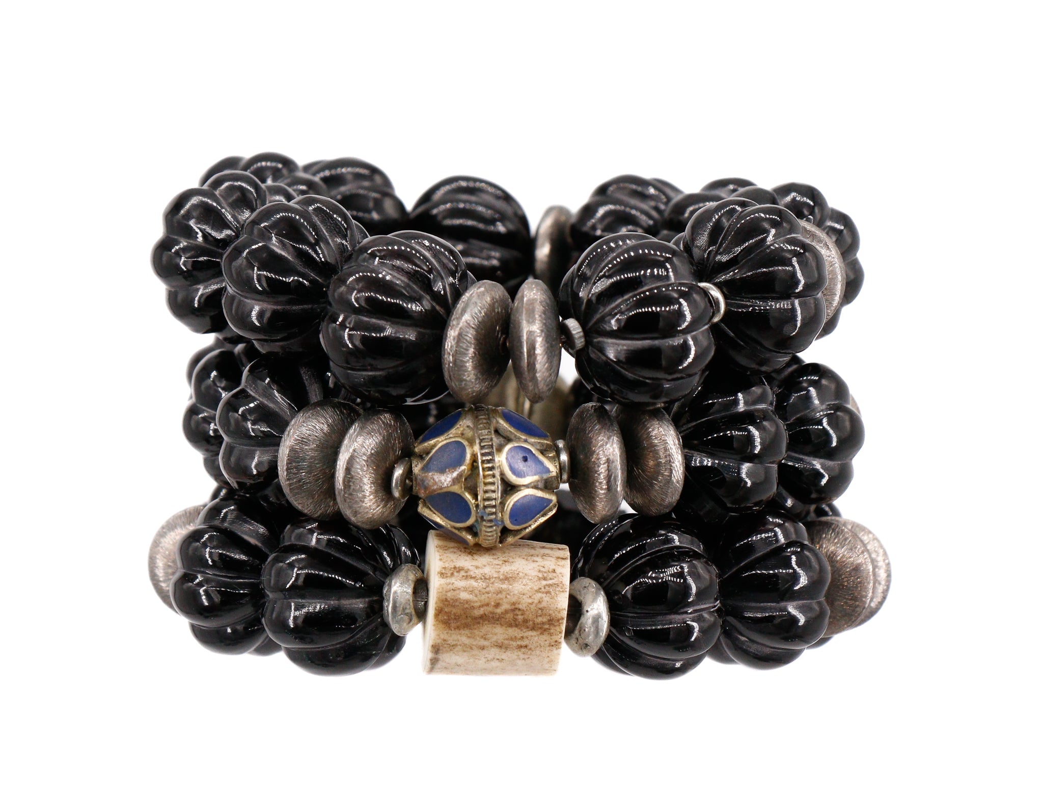 Carved black buffalo horn bead bracelet with silver and lapis