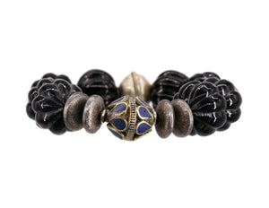 Carved black buffalo horn bead bracelet with silver and lapis