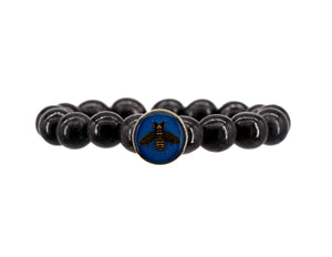 Black buffalo horn beads with a repurposed blue designer bee button