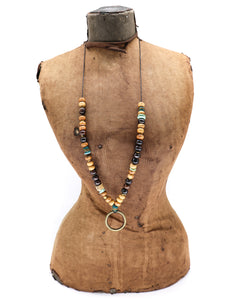 Olive wood, vintage African beads, horn, turquoise with a brass ring pendant