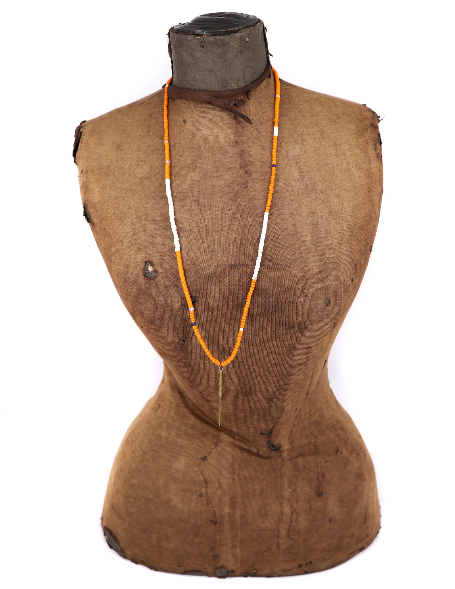 African vinyl and trade bead necklace with a brass pendant
