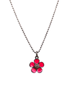 Sterling silver ball chain necklace with a pink enamel and diamond flower pendant