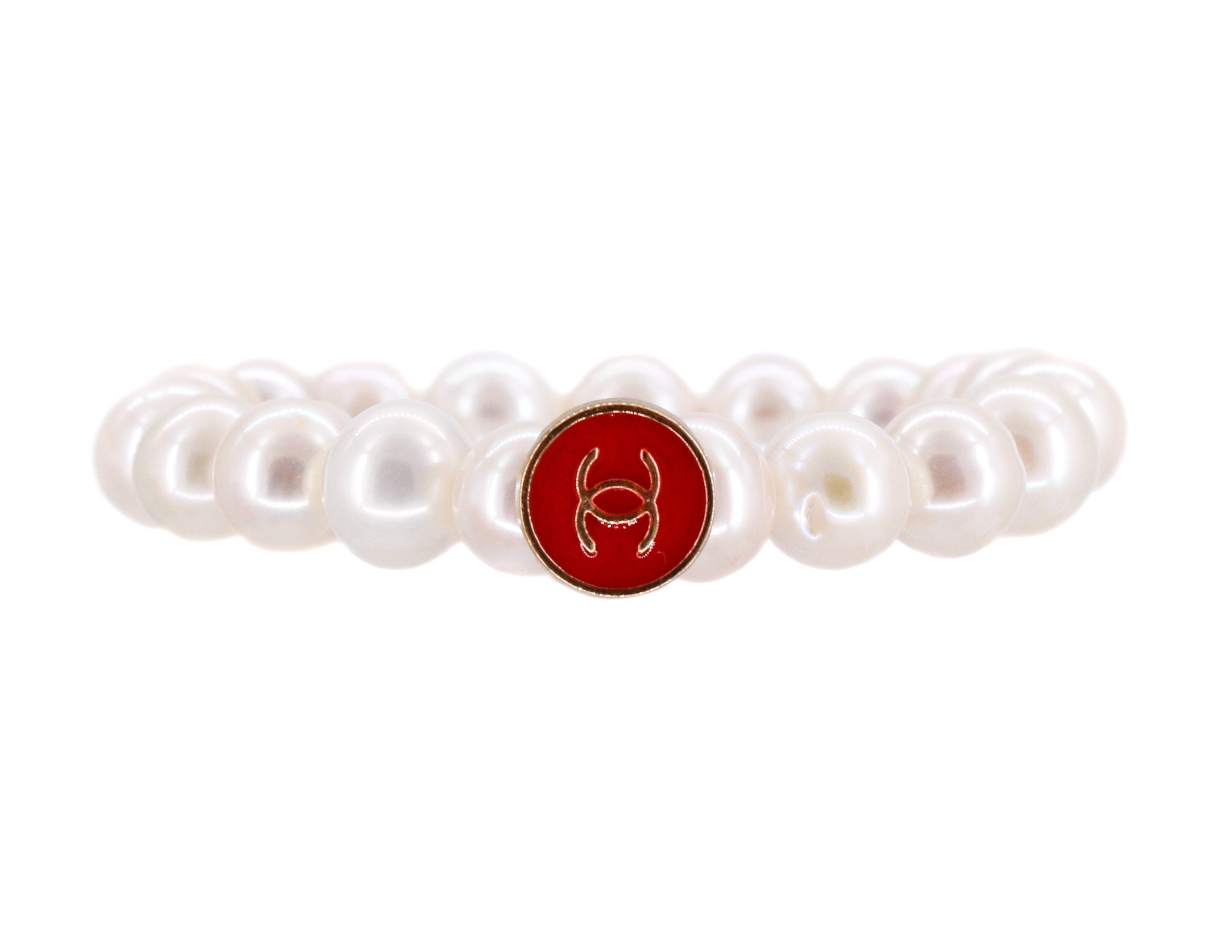 Freshwater pearl bracelet with a red repurposed designer button