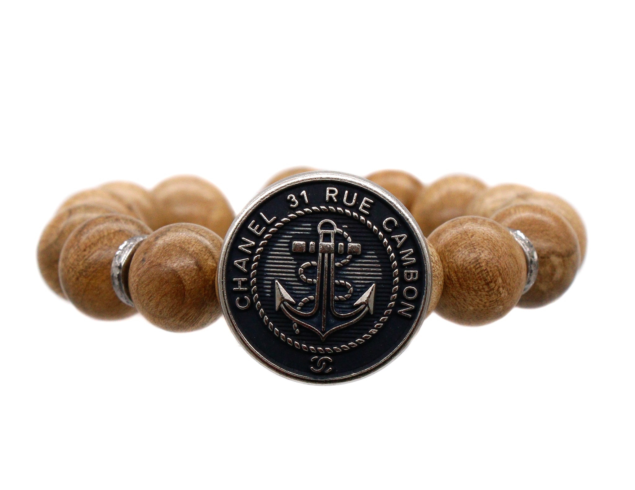 Repurposed designer anchor button bracelet with diamonds and sandalwood