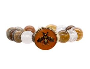 Repurposed designer orange bee button bracelet with lodolite
