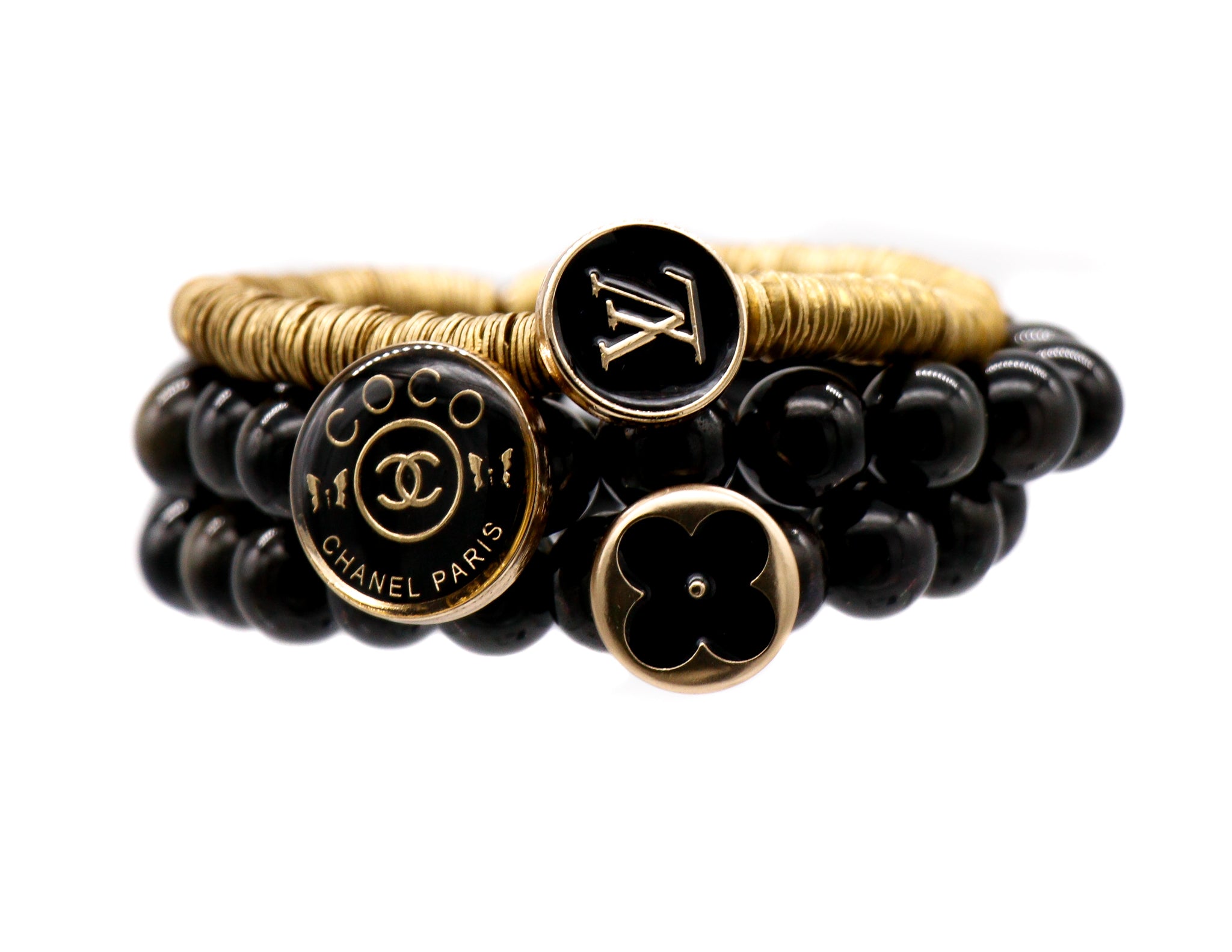 Black repurposed designer button bracelet