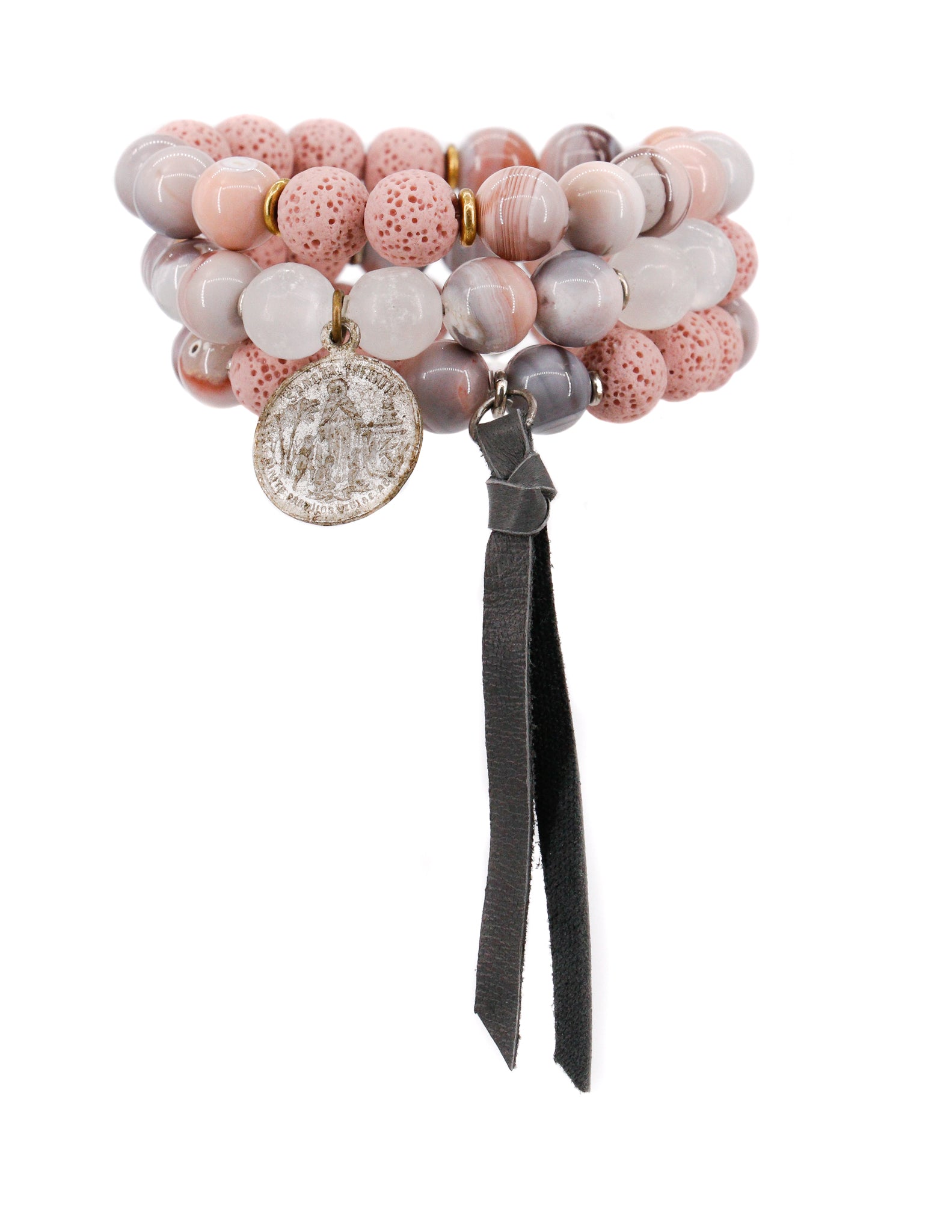 Botswana agate, pink lava and silver bracelet