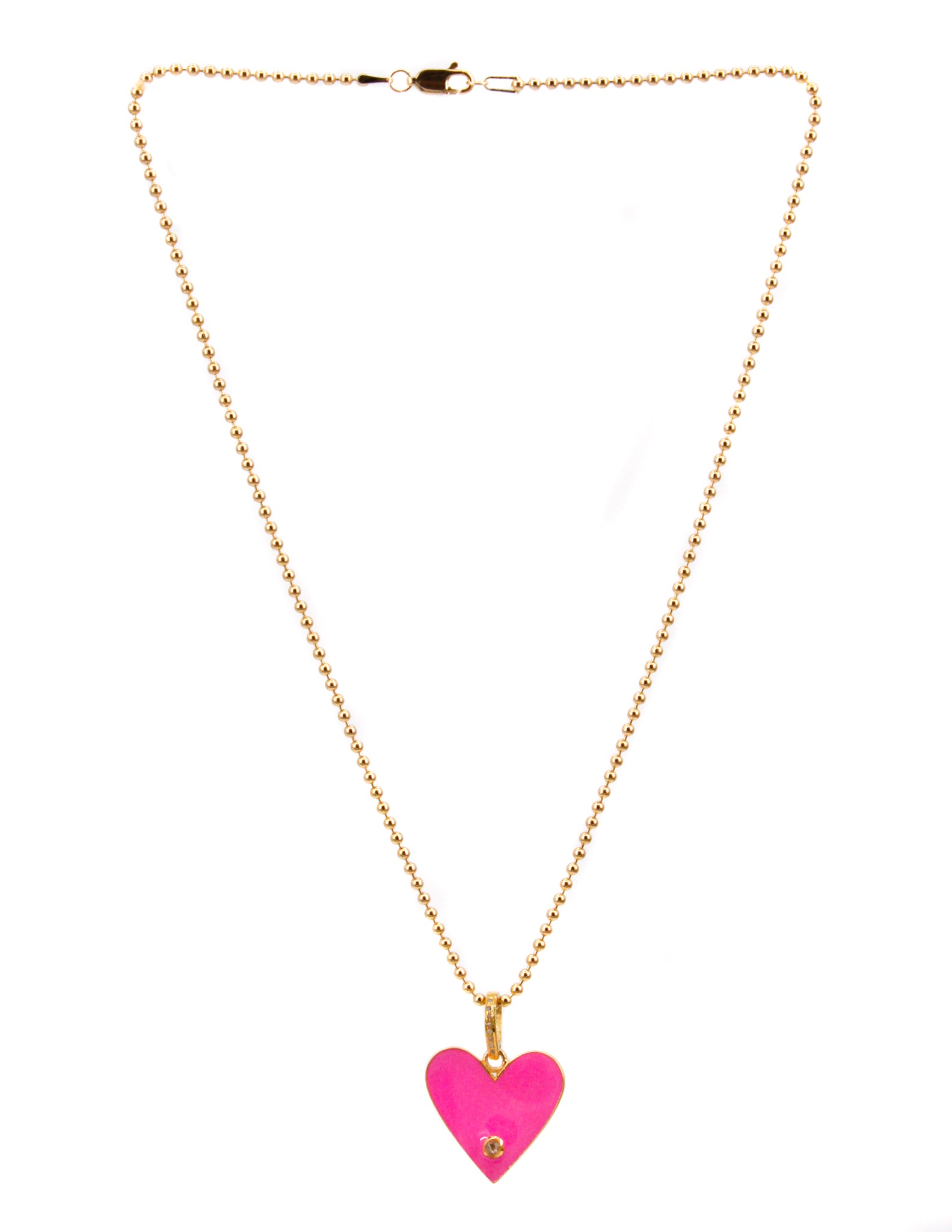 Pink enamel heart with diamond on 14k gold filled chain
