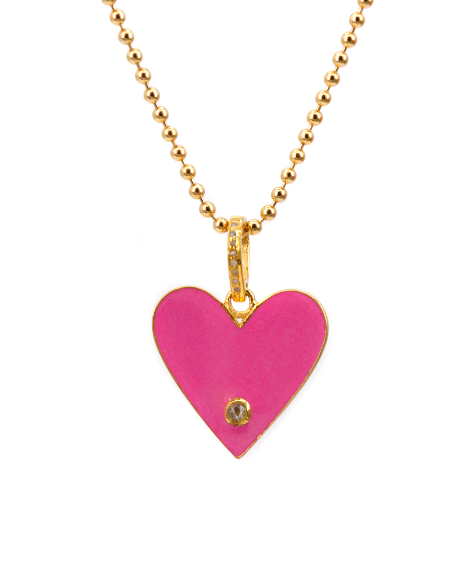 Pink enamel heart with diamond on 14k gold filled chain